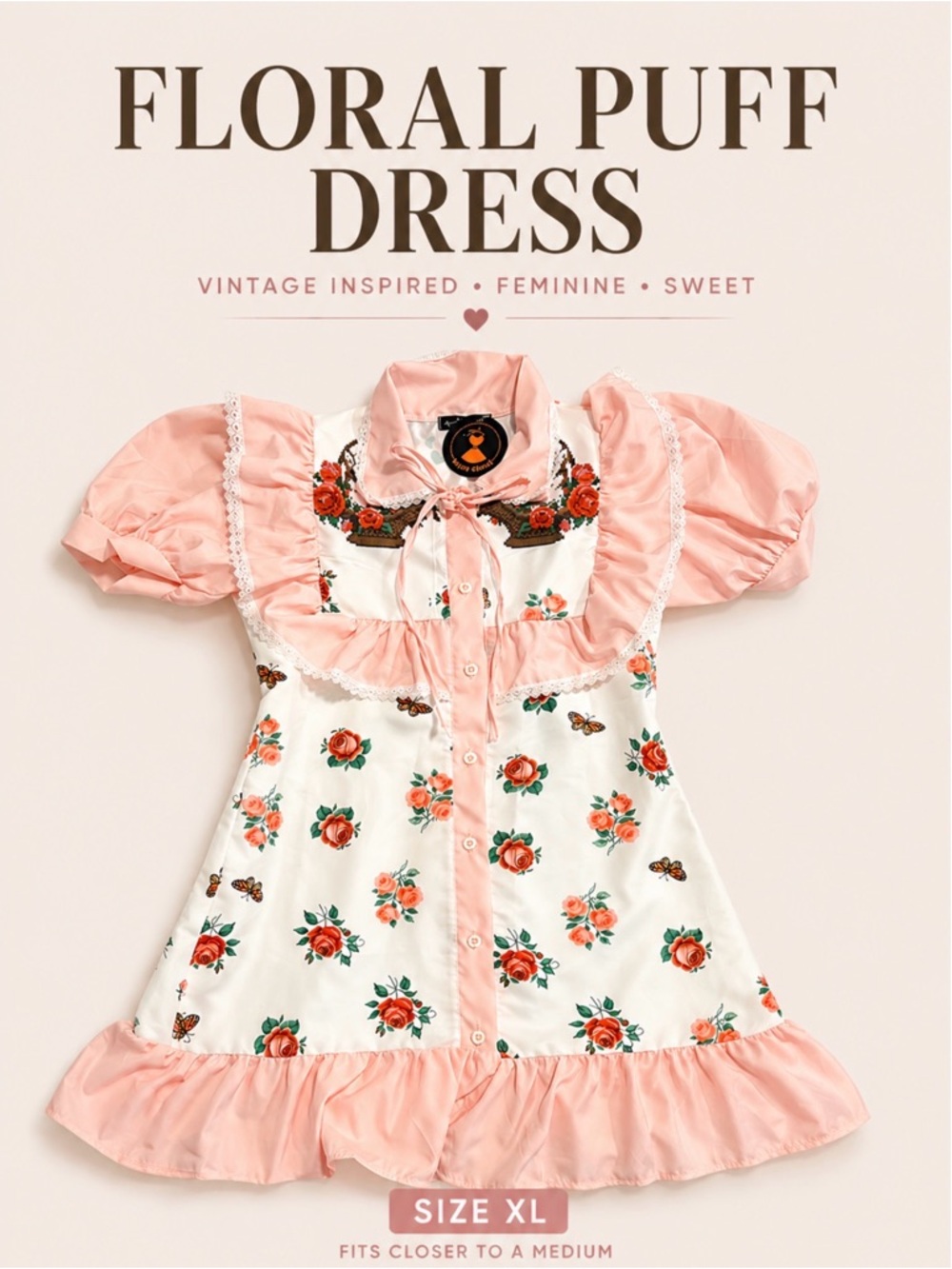 Vintage Style Floral Puff Sleeve Dress XL Cottagecore Pink Roses Fits M